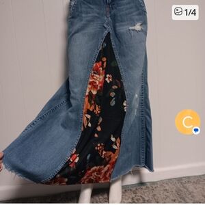 True Religion Asymmetrical Denim Skirt with Floral Detail